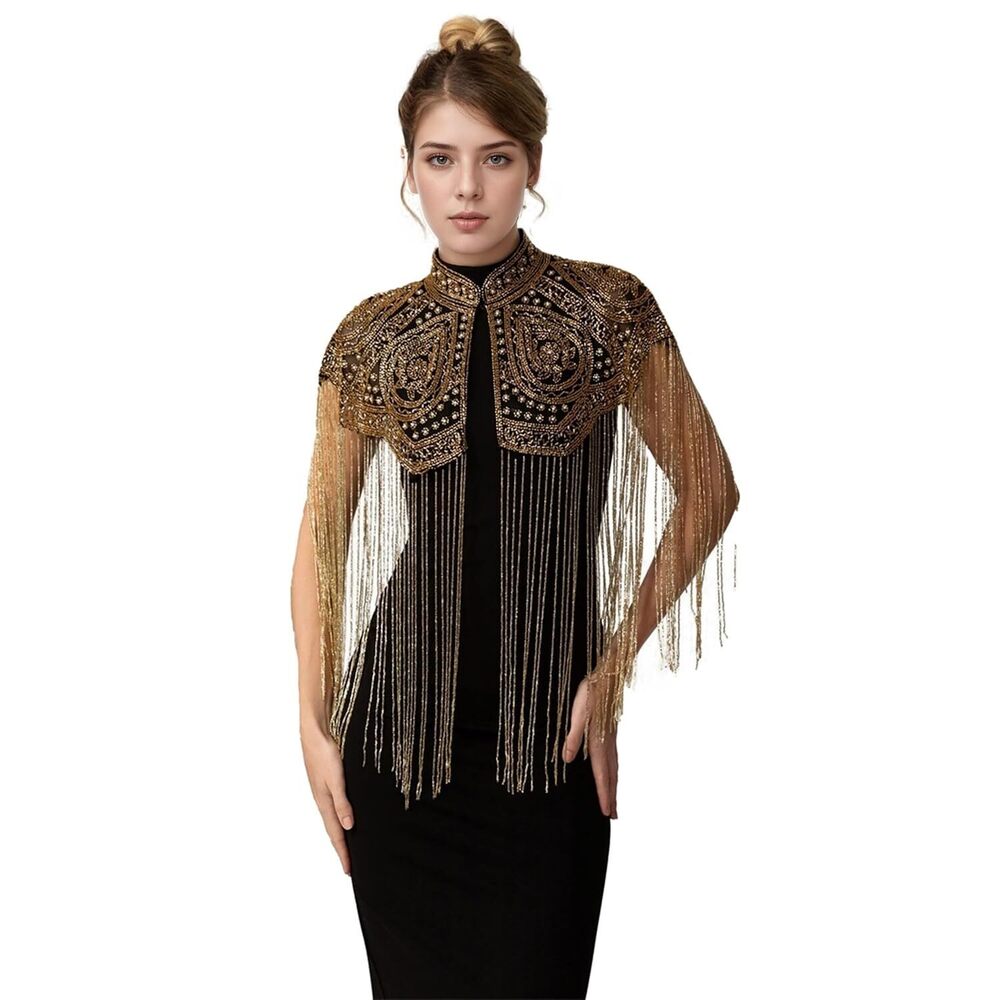 1920s Sequin Shawl Wraps for Women Long Fringed Beaded Evening Capelet